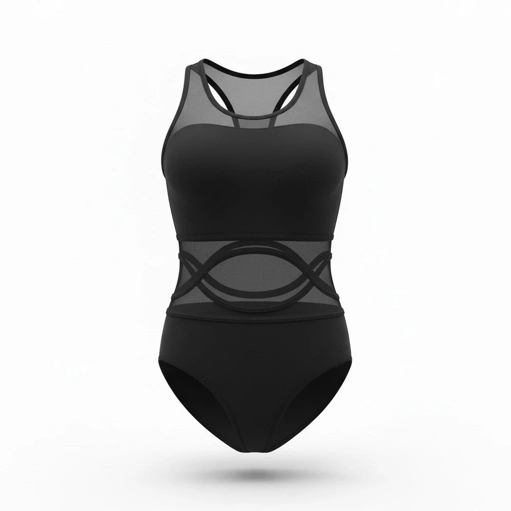 La Blanca Black One Piece Swimsuit Mesh Panels Racerback‎ Cut Size 14